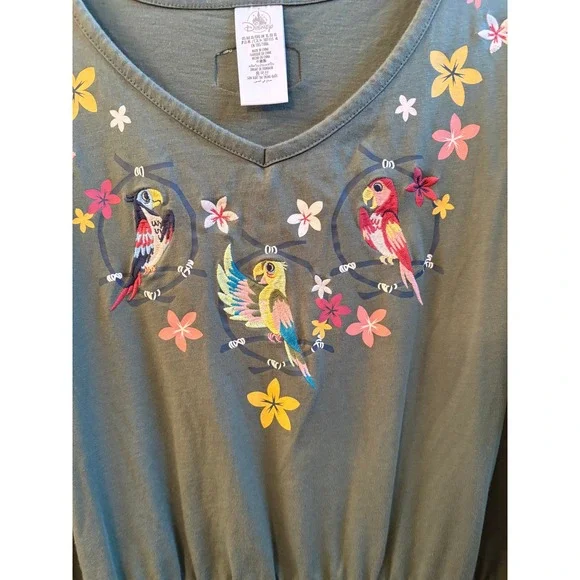 Disney Parks Enchanted Tiki Room Embroidered Parrot Dress Olive Green XL Pockets - Picture 3 of 9